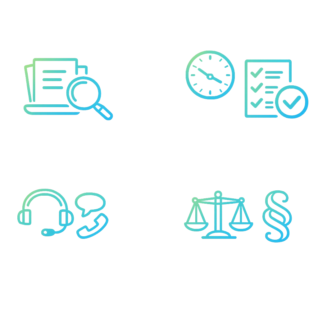 Vier Icons zu den Vorteilen der Mietverwaltung von Rohlmann VIP: persönliche Betreuung, Zuverlässigkeit, Transparenz und Entlastung
