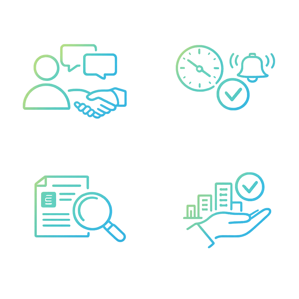 Vier Icons zu den Vorteilen der Mietverwaltung von Rohlmann VIP: persönliche Betreuung, Zuverlässigkeit, Transparenz und Entlastung
